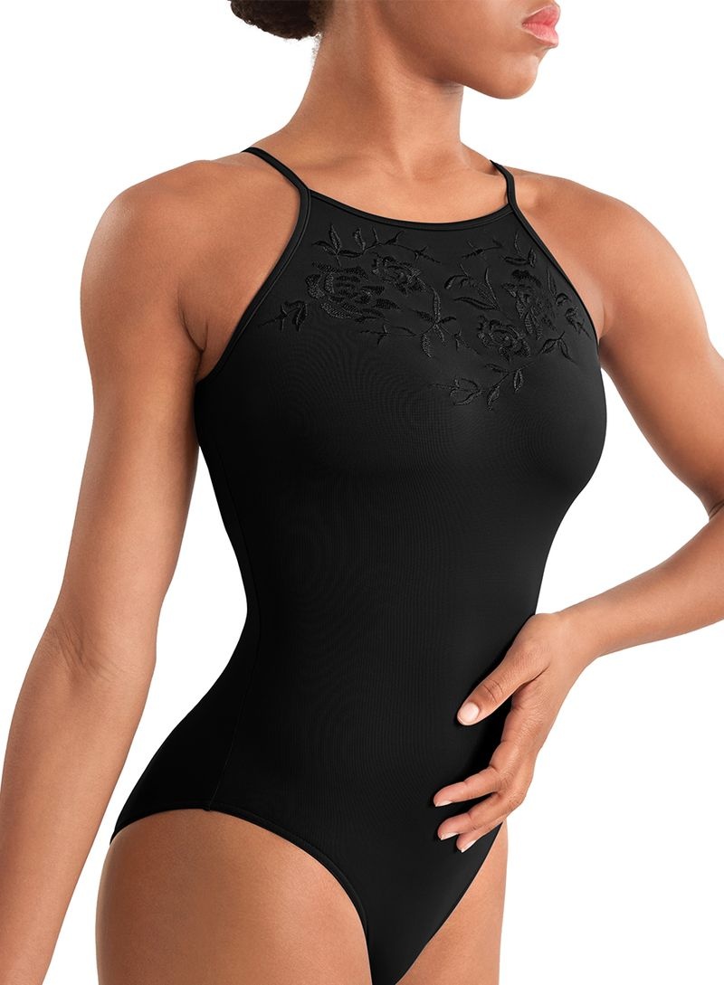 Mirella M40006LM-Leotard à Dos Nu et Décolleté en V Orné de Broderies Florales