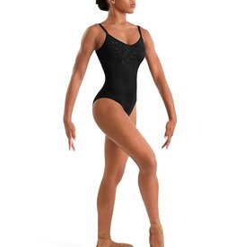 Mirella M70008LM-Leotard à Bretelles Fines avec Détails Brodés de Fleurs NOIR