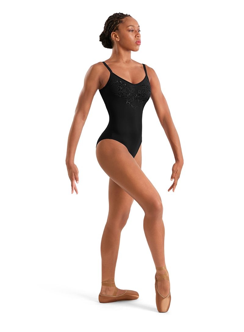 Mirella M70008LM-Leotard à Bretelles Fines avec Détails Brodés de Fleurs NOIR