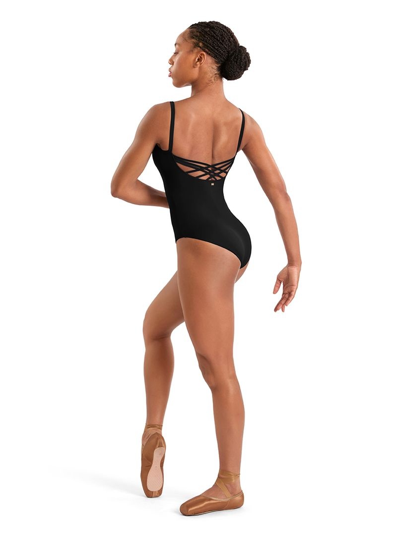 Mirella M70008LM-Floral Embroidered Detail Camisole Leotard BLACK