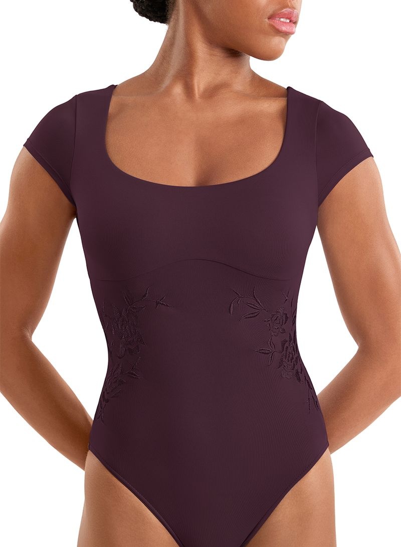 Mirella M20010LM-Leotard à Manches Courtes avec Détails Brodés de Fleurs