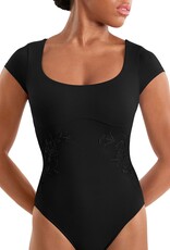 Mirella M20010LM-Leotard à Manches Courtes avec Détails Brodés de Fleurs