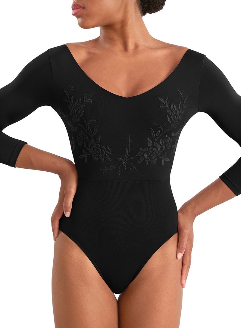 Mirella M60003LM-Leotard-Brodé à Col en V et Manches 3/4