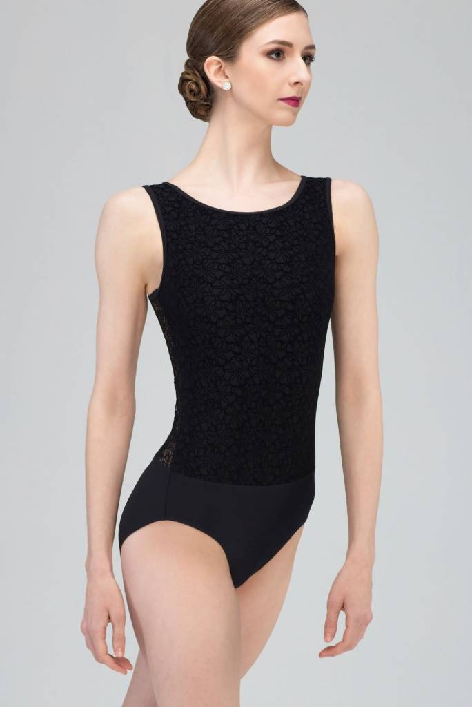REGLISSE-Low Open Back Leotard With Fine Velour on Tulle-BLACK-XS