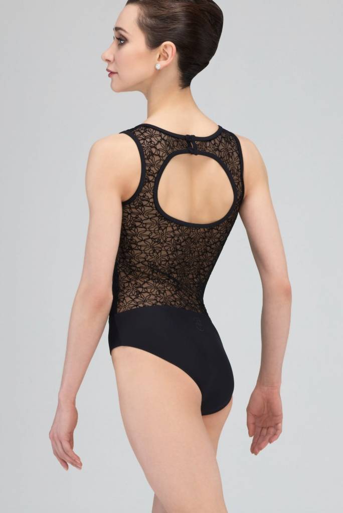 REGLISSE-Low Open Back Leotard With Fine Velour on Tulle-BLACK-XS