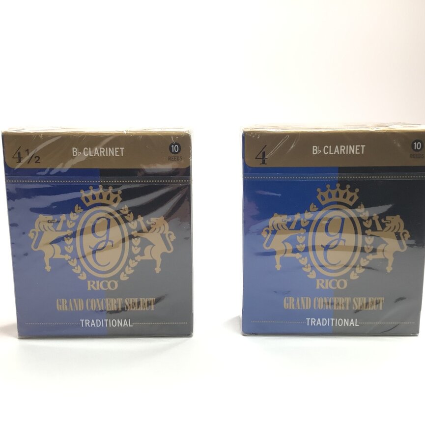 Reed Lot 7. Two Boxes of Rico Grand Concert Select Traditional Bb Clarinet Reeds. One Box of 10, Strength 4; One Box of 10, Strength 4 1/2 [738]