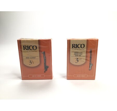 Reed Lot 15. Two Boxes of Rico Reeds. One Box of 10, Contra Alto Clarinet/Contra Bass Clarinet/Bass Saxophone Reeds, Strength 3 1/2; One Box of 10 Bb Bass Clarinet, Strength 3 1/3 [799]