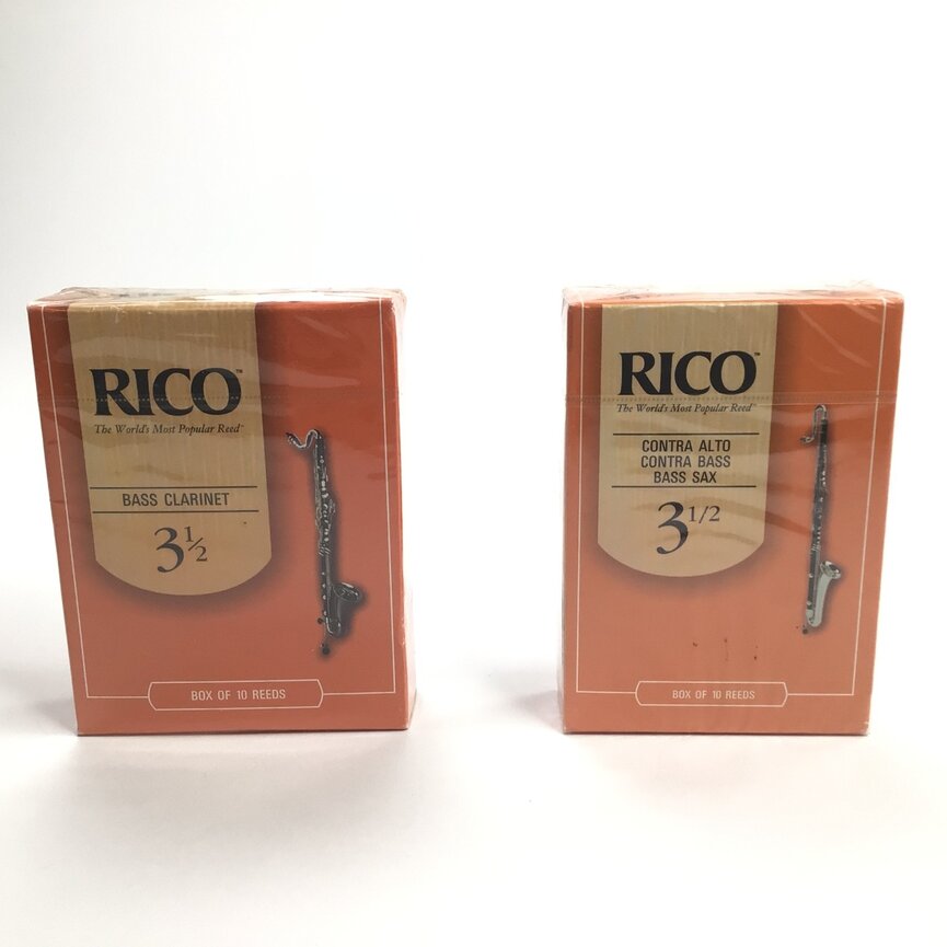 Reed Lot 15. Two Boxes of Rico Reeds. One Box of 10, Contra Alto Clarinet/Contra Bass Clarinet/Bass Saxophone Reeds, Strength 3 1/2; One Box of 10 Bb Bass Clarinet, Strength 3 1/3 [799]