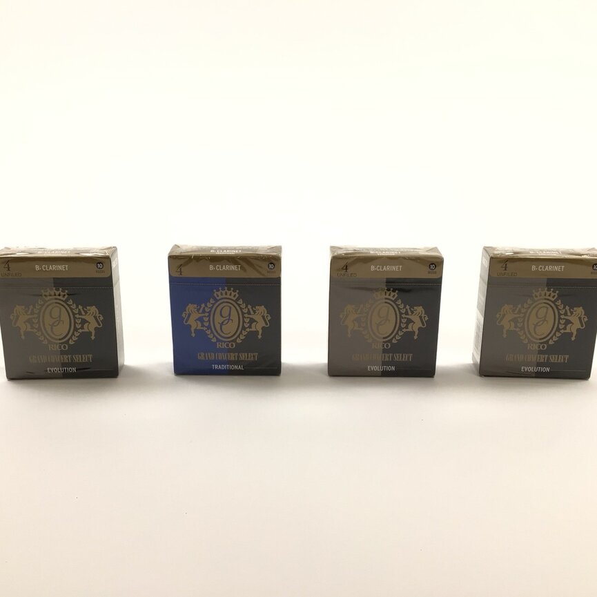 Reed Lot 25: Four Boxes of Rico Bb Clarinet Reeds, Strength 4. Three Boxes of 10, Grand Select Evolution; One Box of 10, Grand Concert Select Traditional [082]