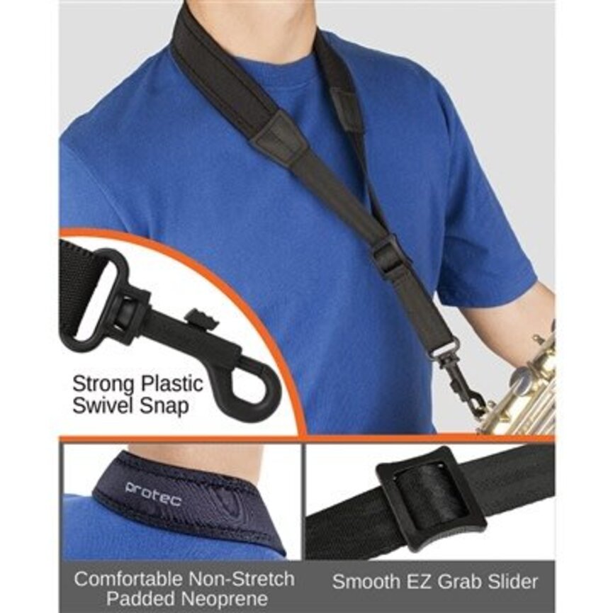 Protec Padded Neoprene Saxophone Neck Strap with Plastic Swivel Snap (Black, Regular 22″)