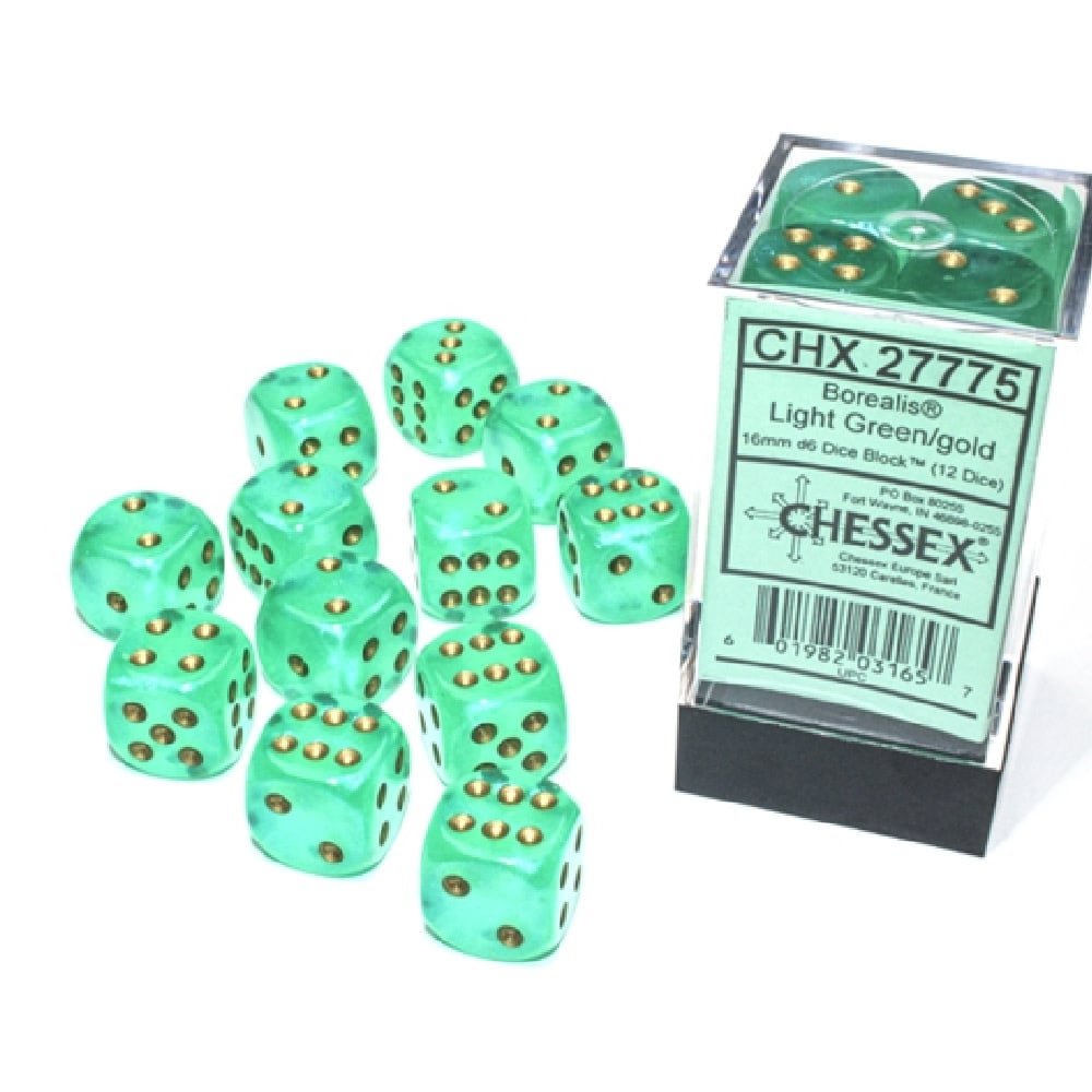 Chessex Borealis: 12D6 Light Green/Gold Luminary