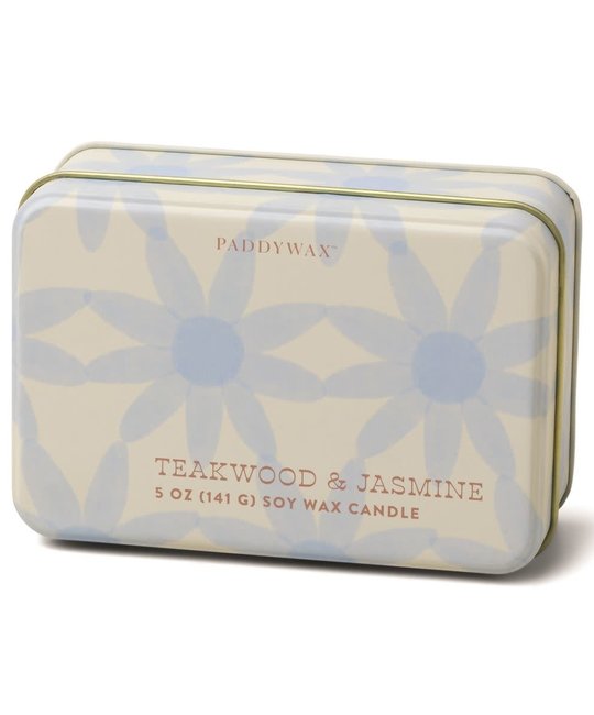 Paddywax - PA Blue Flower Tin, Teakwood & Jasmine, 5 oz, Soy Wax Candle