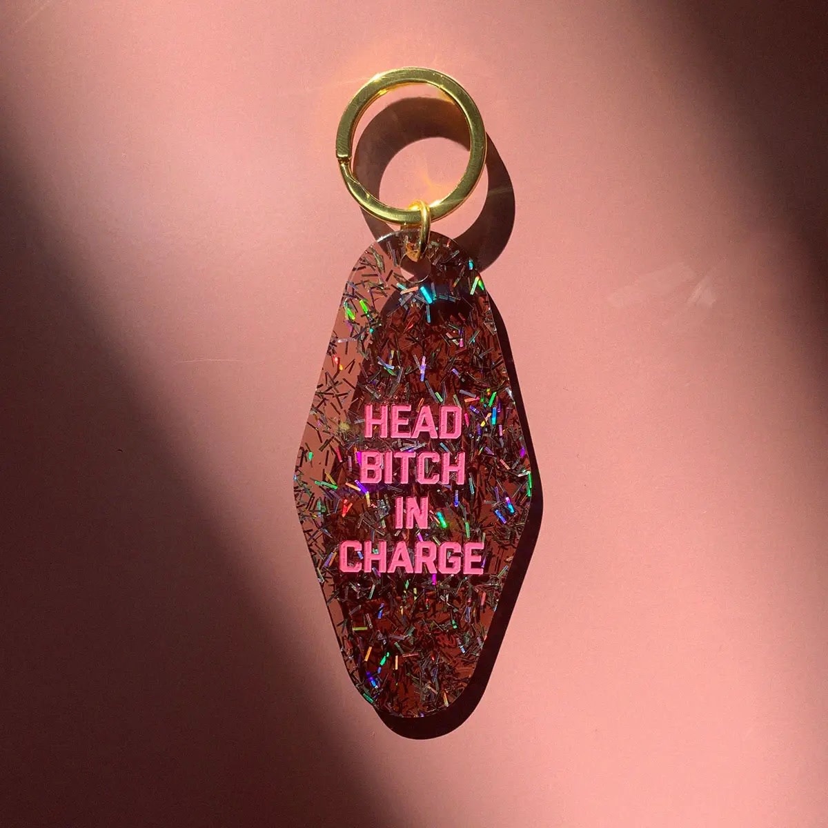 Golden Gems Head Bitch In Charge Motel Keychain Confetti Glitter Gus And Ruby Letterpress 5584