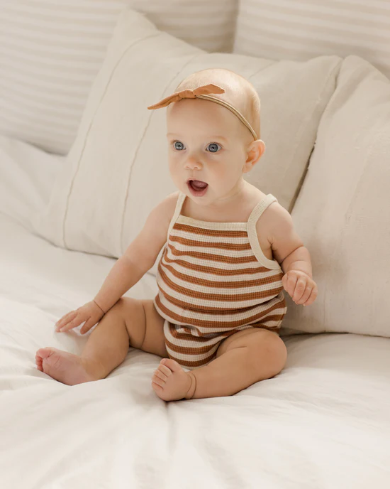 Quincy Mae - QM QM BKBC - Waffle Cinch Romper in Clay Stripe