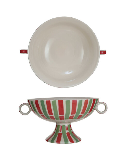 Creative Co-Op - CCO Hand-Painted Striped Footed Bowl with Handles
