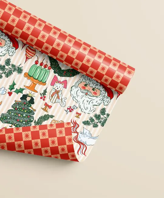 One & Only Paper - OAO OAO WPROHO - Nostalgic Christmas Checkered Star Double Sided Wrap Roll (3 Sheets)