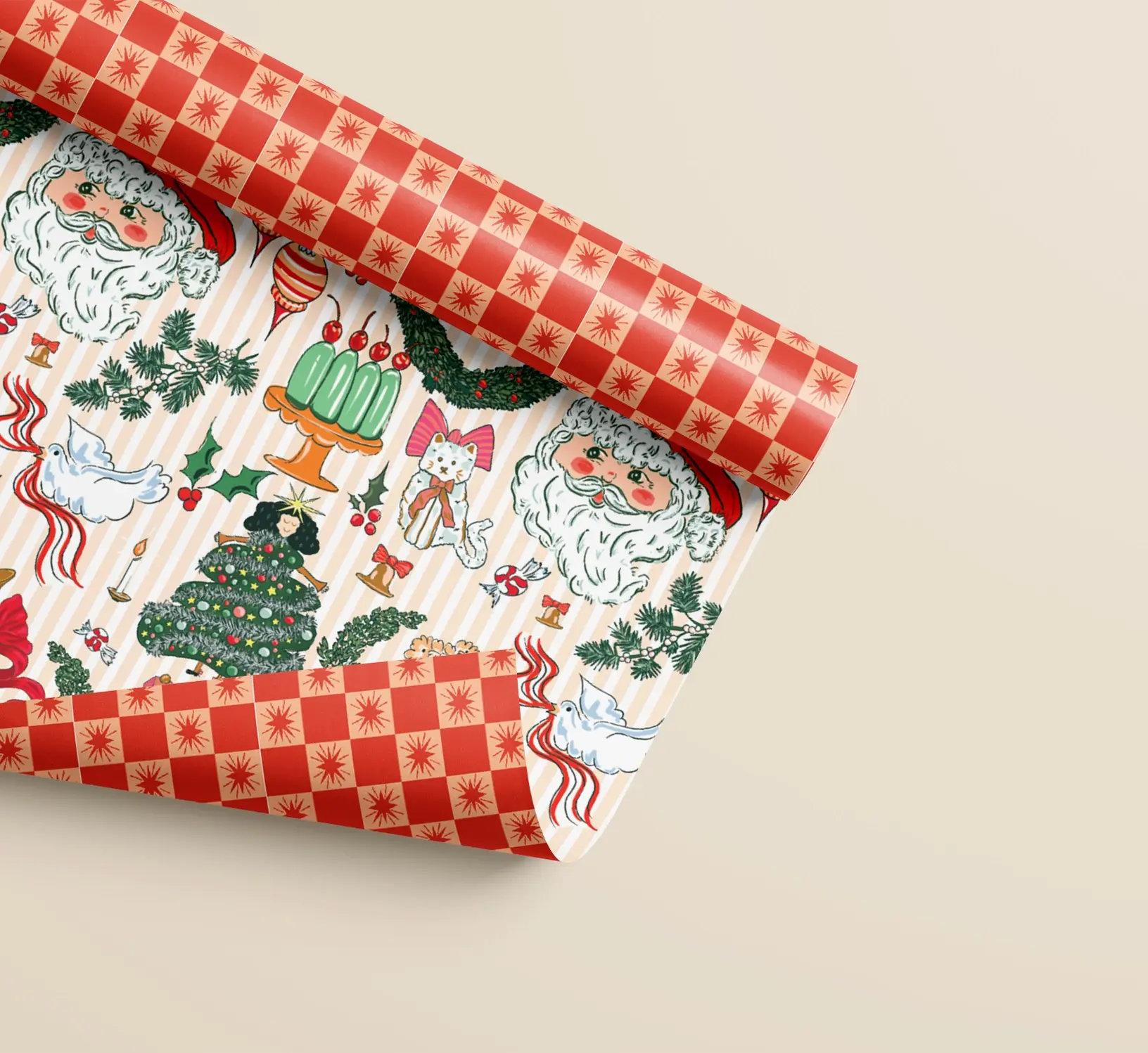 One & Only Paper - OAO OAO WPROHO - Nostalgic Christmas Checkered Star Double Sided Wrap Roll (3 Sheets)