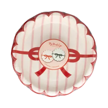 My Minds Eye - MME MME PS - Red/Pink Green/Mint Bow Striped 7" Scalloped Round Plate