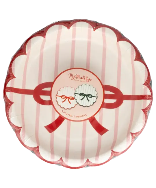 My Minds Eye - MME MME PS - Red/Pink Green/Mint Bow Striped 7" Scalloped Round Plate