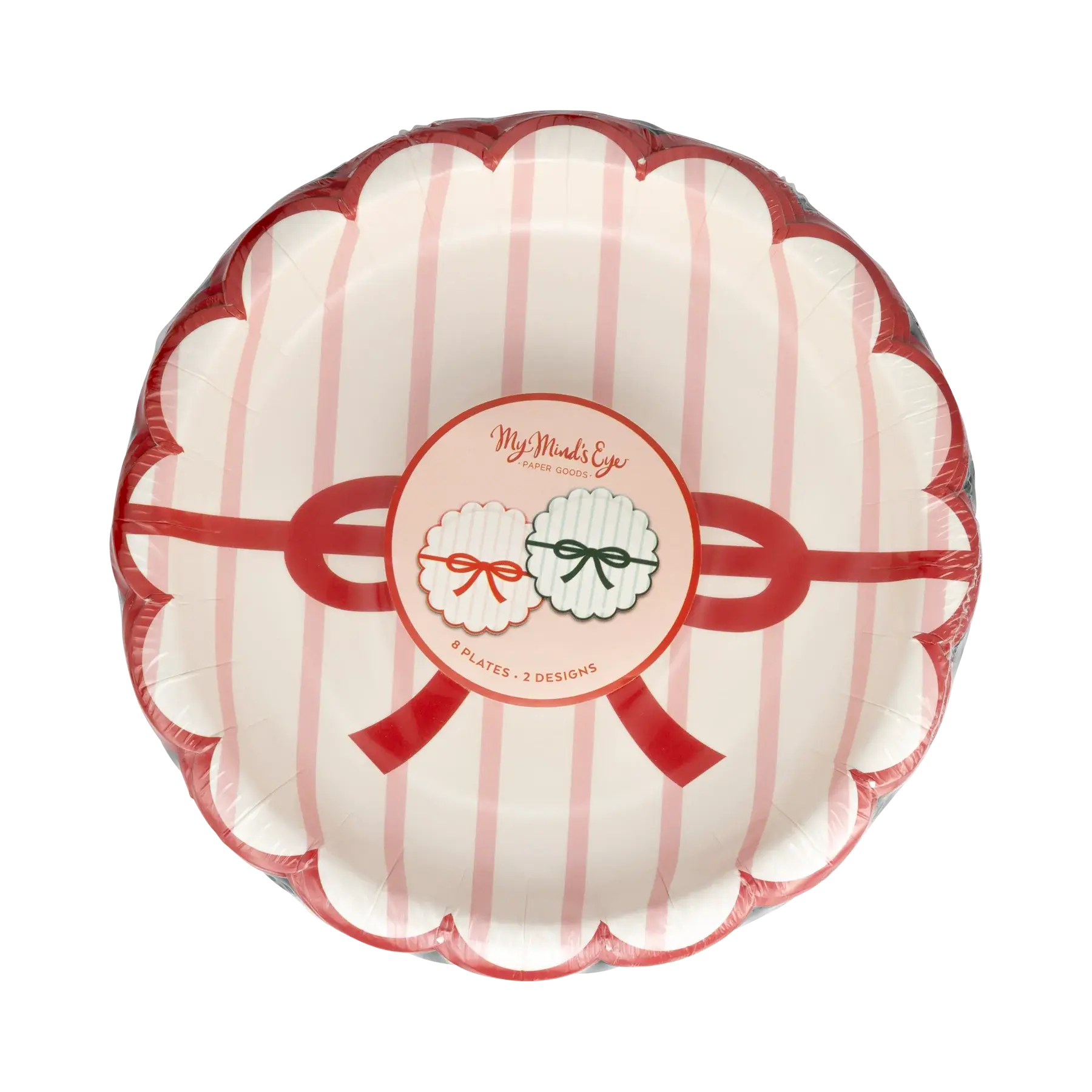 My Minds Eye - MME MME PS - Red/Pink Green/Mint Bow Striped 7" Scalloped Round Plate