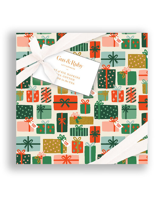 Gus and Ruby Letterpress - GR Gus & Ruby - Cream Holiday Gifts Set of 6 Cocktail Napkins