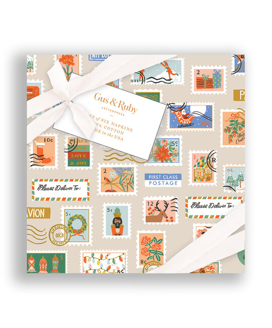 Gus and Ruby Letterpress - GR Gus & Ruby - Cream Stamps Set of 6 Cocktail Napkins