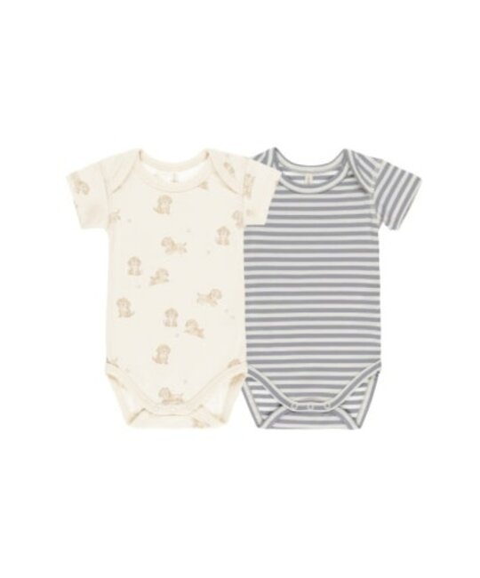 Quincy Mae - QM Quincy Mae - Short Sleeve Bodysuit, 2 Pack || Puppies, Blue Micro Stripe