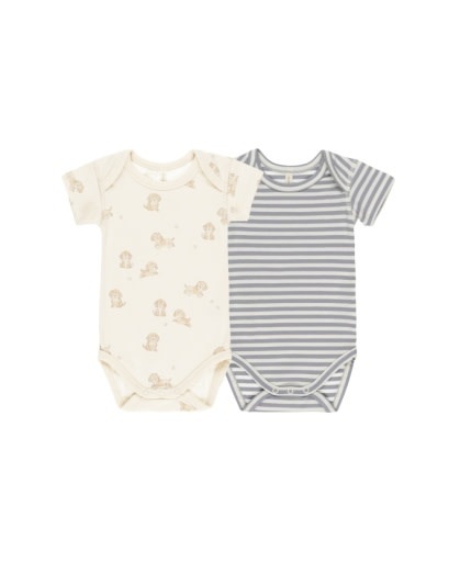 Quincy Mae - QM Quincy Mae - Short Sleeve Bodysuit, 2 Pack || Puppies, Blue Micro Stripe
