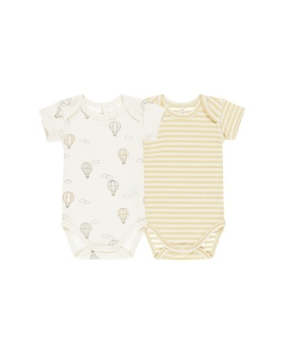 Quincy Mae - QM QM BKBC - Short Sleeve Bodysuit, 2 Pack || Hot Air Balloons, Yellow Stripe