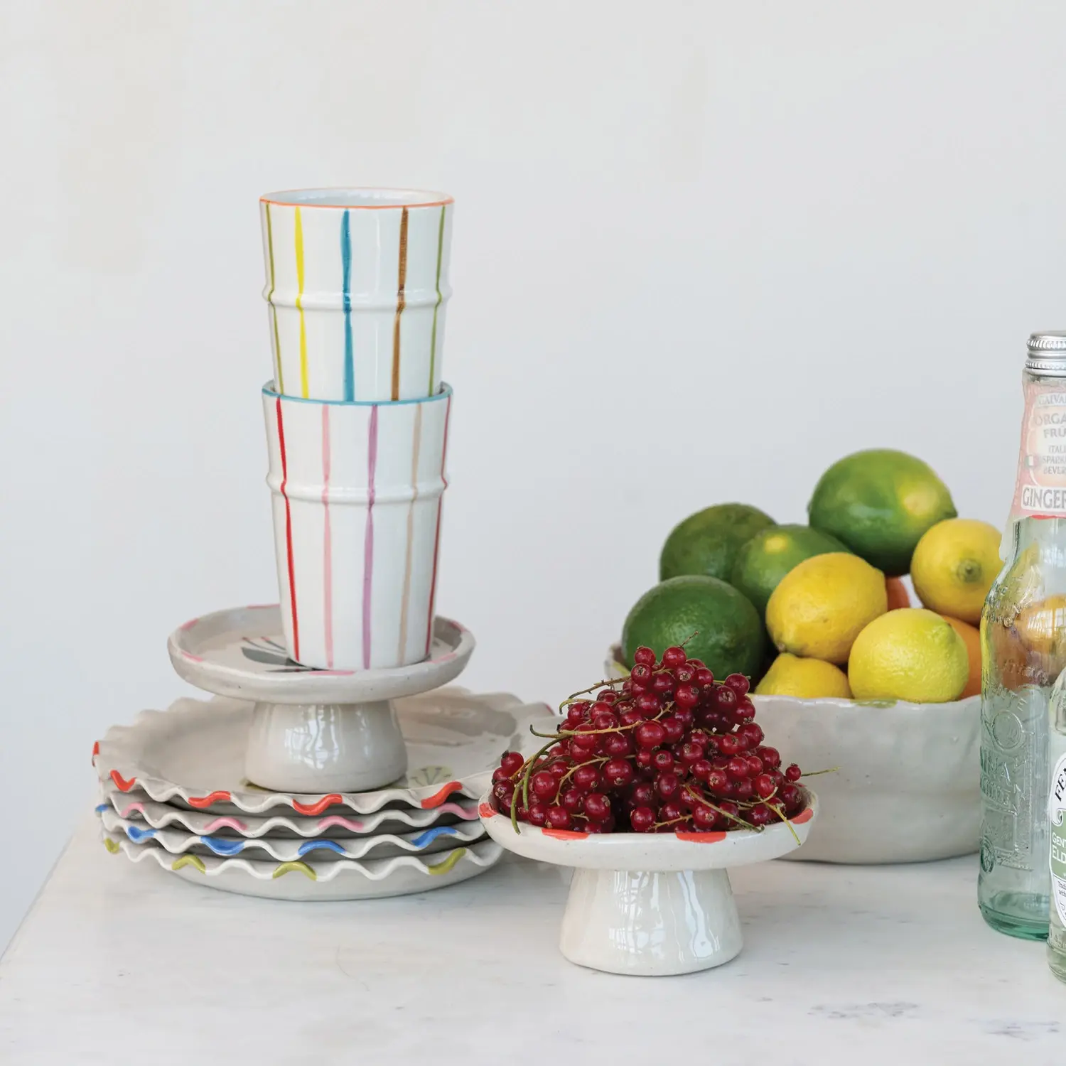 Creative Co-Op - CCO CCO HG - Hand-Painted Stoneware Multi-Colored Striped Cup with Colored Rim, 12 oz.