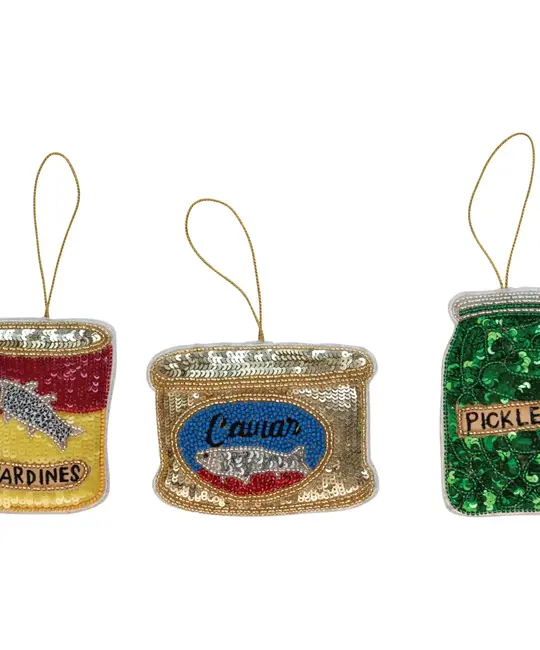 Creative Co-Op - CCO CCO OR - Beaded Fabric Tinned Food Ornament (Assorted Caviar, Sardines, Pickles)