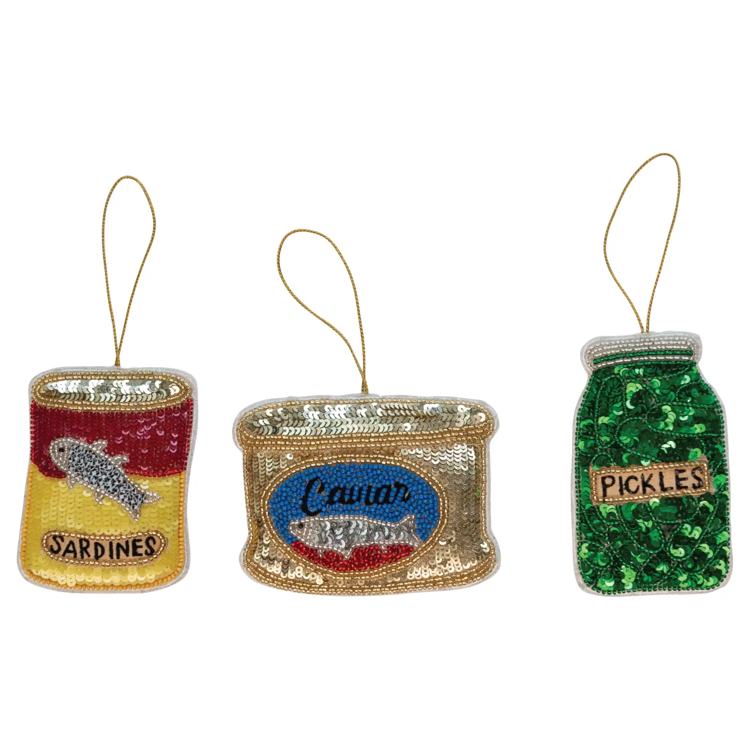 Creative Co-Op - CCO CCO OR - Beaded Fabric Tinned Food Ornament (Assorted Caviar, Sardines, Pickles)