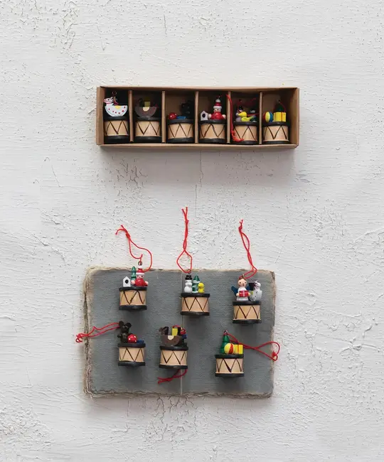 Creative Co-Op - CCO CCO OR - Boxed Set of Wood Holiday Drum Ornaments, Set of 6