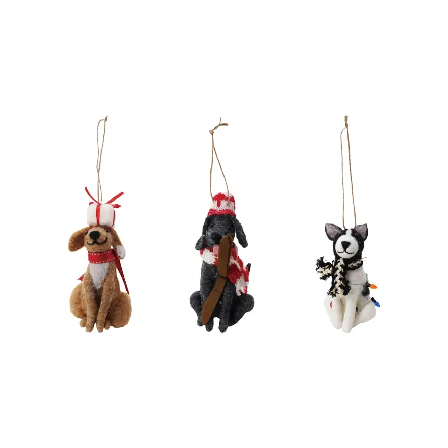 Creative Co-Op - CCO CCO OR - Wool Felt Winter Dog Ornament (3 Assorted Styles: Ski, Lights, Gift)