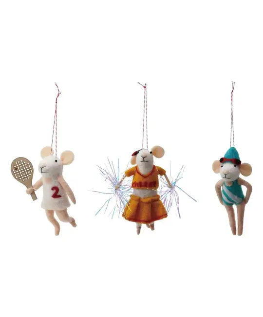 Creative Co-Op - CCO CCO OR - Wool Felt Sporty Mouse Ornament (3 Assorted Styles: Cheer, Racket, Swim)