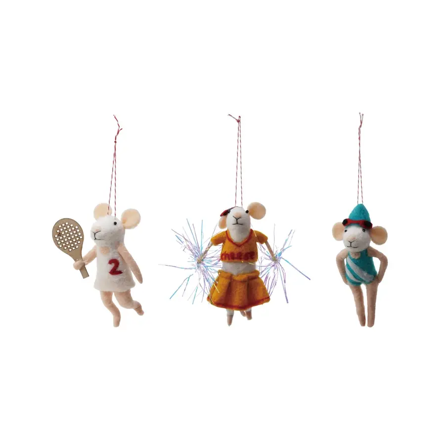 Creative Co-Op - CCO CCO OR - Wool Felt Sporty Mouse Ornament (3 Assorted Styles: Cheer, Racket, Swim)