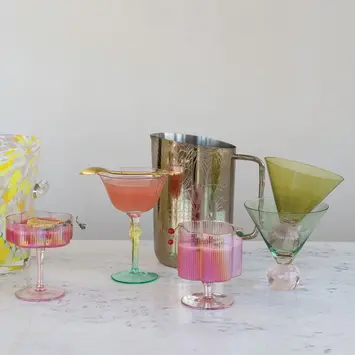 Creative Co-Op - CCO CCO HG - Petal Shaped Stemmed  6 oz. Wine Glass, Pink, Yellow & Green Hand-Blown