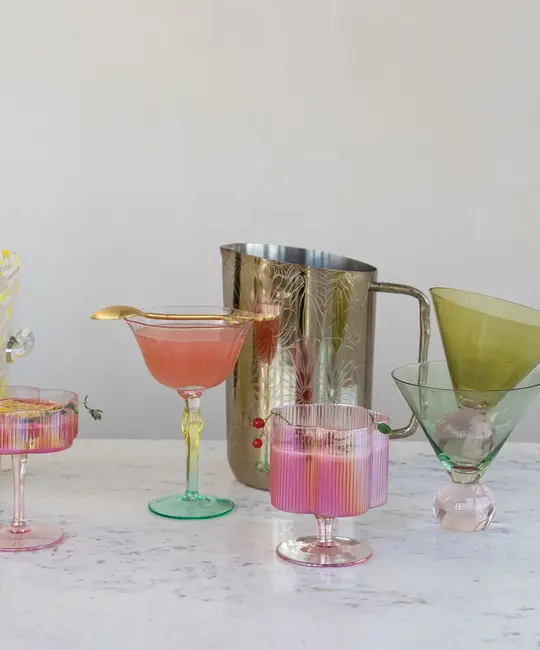 Creative Co-Op - CCO CCO HG - Petal Shaped Stemmed  6 oz. Wine Glass, Pink, Yellow & Green Hand-Blown