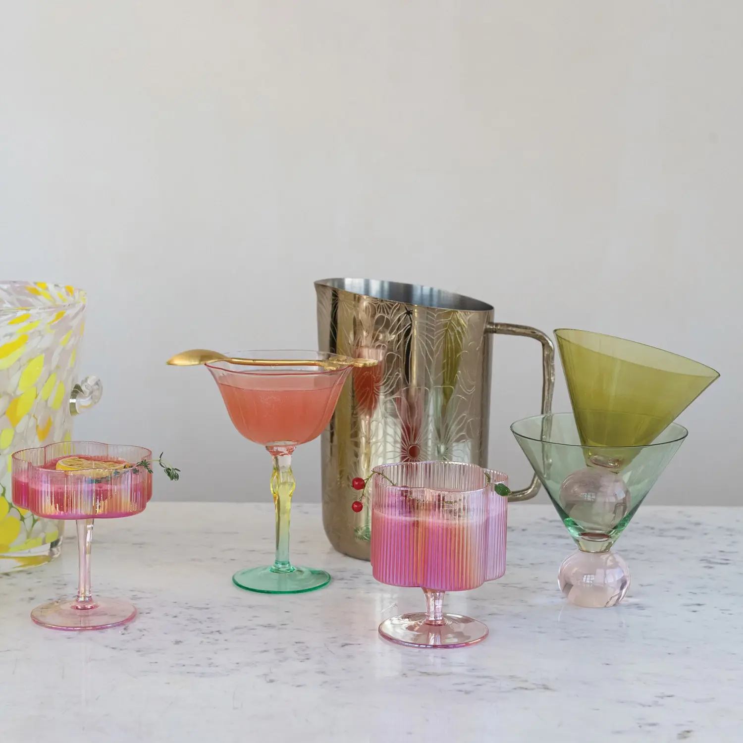 Creative Co-Op - CCO CCO HG - Hand-Blown Stemmed  6 oz. Wine Glass, Pink, Yellow & Green