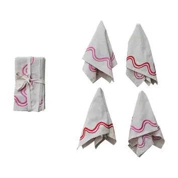 Creative Co-Op - CCO CCO HGKL - Pink & Red Embroidered Wavy Lines 18" Cotton Napkins, Set of 4