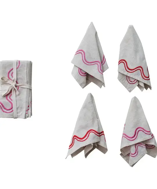 Creative Co-Op - CCO CCO HGKL - Pink & Red Embroidered Wavy Lines 18" Cotton Napkins, Set of 4