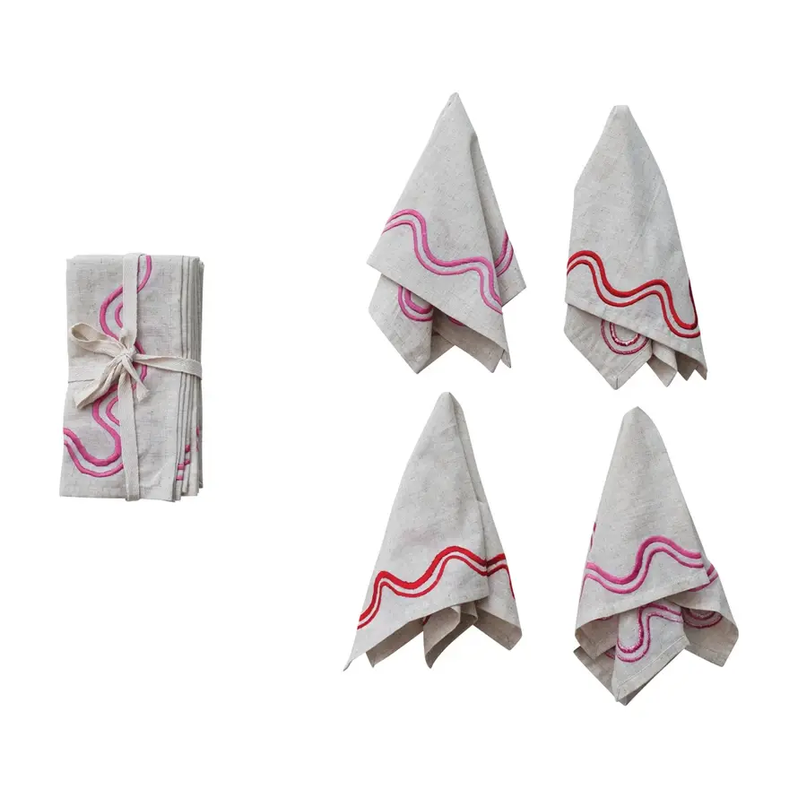 Creative Co-Op - CCO CCO HGKL - Pink & Red Embroidered Wavy Lines 18" Cotton Napkins, Set of 4