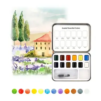Grabie Art - GRAA GRAA AS - Pocket Watercolor Set with Water Brush Pen, Essential 12 Colors