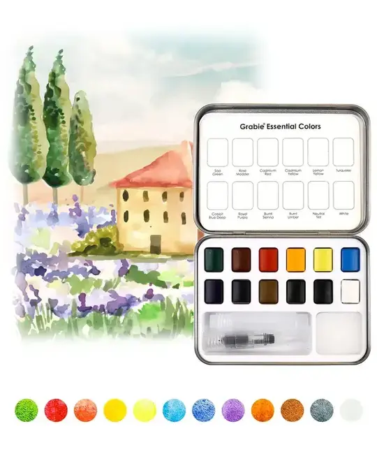 Grabie Art - GRAA GRAA AS - Pocket Watercolor Set with Water Brush Pen, Essential 12 Colors