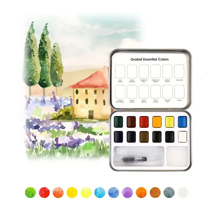 Grabie Art - GRAA GRAA AS - Pocket Watercolor Set with Water Brush Pen, Essential 12 Colors