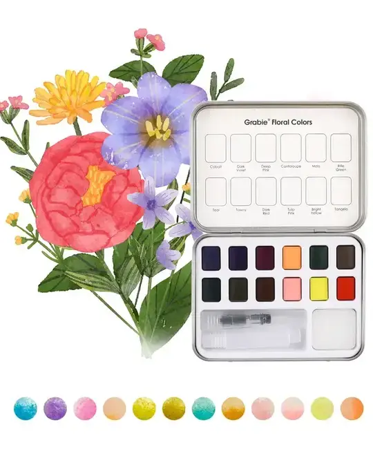 Grabie Art - GRAA GRAA AS - Pocket Watercolor Set with Water Brush Pen, Floral 12 Colors
