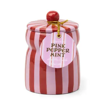 Paddywax - PA PA CALA - Pink Peppermint Red & Pink Striped Ceramic Candle with Lid, Cabana Collection