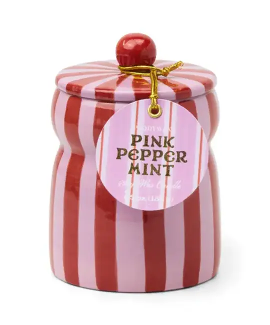 Paddywax - PA PA CALA - Pink Peppermint Red & Pink Striped Ceramic Candle with Lid, Cabana Collection