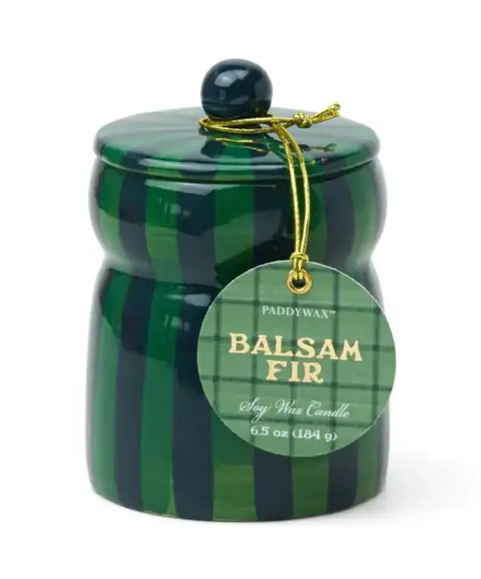 Paddywax - PA PA CALA - Balsam & Fir Green & Navy Striped Ceramic Candle with Lid, Cabana Collection
