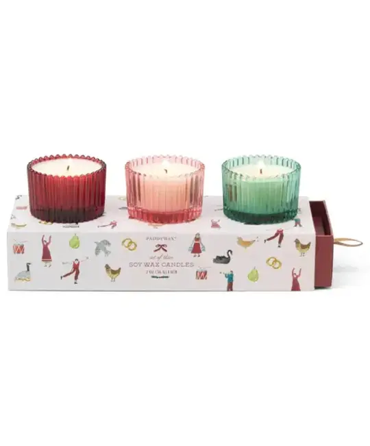 Paddywax - PA PA CASM - Holiday Ribbed Tinted Glass Assorted Gift Set of 3 Candles (Balsam & Fir, Pink Peppermint, Winterberry)